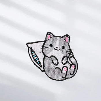 Cat Computerized Embroidery Cloth Iron on/Sew on Patches, Costume Accessories, Appliques, Light Grey, 50x55mm