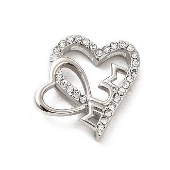 Mother's Day Theme 304 Stainless Steel Pendants, with Crystal Rhinestone, Bouble Heart with Word Mum Charms, Stainless Steel Color, 21x21x5mm, Hole: 5~7x2mm