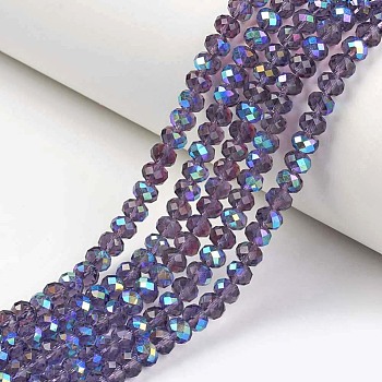 Electroplate Glass Beads Strands, Half Rainbow Plated, Faceted, Rondelle, Indigo, 6x5mm, Hole: 1mm, about 85~88pcs/strand, 16.1~16.5 inch(41~42cm)