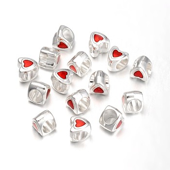 Alloy European Style Beads, Mother's Day Gifts Making, with Enamel, Large Hole Beads, Lead Free and Cadmium Free, Heart, Silver Color Plated, about 9mm long, 8.5mm wide, 9mm thick, hole: 4.5mm