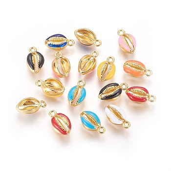 Alloy Enamel Pendants, Shell, Real 18K Gold Plated, Mixed Color, 13~15x7.5~8x5~6mm, Hole: 1.5~1.6mm