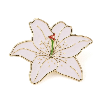 Flower Golden Enamel Pins, Painting Alloy Brooches for Backpack Clothes, Lily, White, 25x29mm