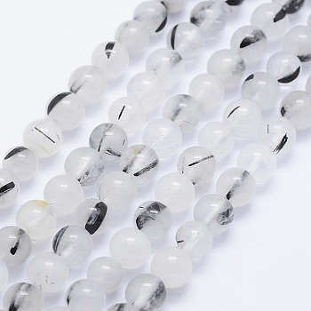 Natural Tourmalinated Quartz Beads Strands, Round, 6mm, Hole: 1mm, about 67pcs/strand, 15.7 inch(40cm)