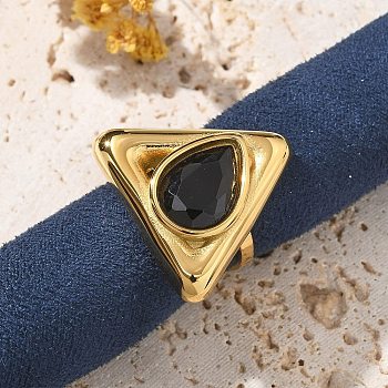 Triangle 304 Stainless Steel Rhinestone Open Cuff Rings for Women, Real 18K Gold Plated, Jet, Triangle: 25x28mm, Inner Diameter: Adjustable