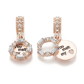 Alloy European Dangle Charms, with Rhinestone, Large Hole Pendants, Flat Round with Word, Rose Gold, Crystal, 25mm, Hole: 4.5mm