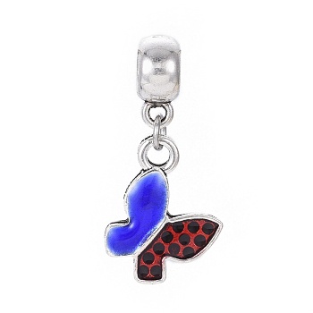Tibetan Style Alloy European Dangle Charms, with Enamel, Large Hole Pendants, Butterfly, Blue, Antique Silver, 30mm, Hole: 4.5mm, Butterfly: 18x14x2mm