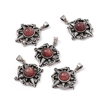 Natural Strawberry Quartz Pendants, Flat Round Charms with Flower, with Antique Silver Color Brass Findings, 26x23.5x7.5mm, Hole: 4x4mm