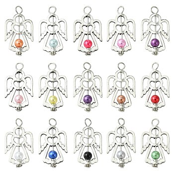 60Pcs 15 Colors Acrylic Pendants, Angel Charms, with Antique Silver Alloy Wings, Mixed Color, 35mm, Hole: 3.8mm, 4pcs/color