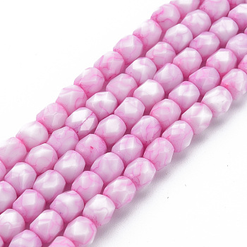 Opaque Baking Painted Glass Beads Strands, Imitation Stones, Faceted, Column, Pearl Pink, 5.5x5.5mm, Hole: 1mm, about 70pcs/strand, 15.94 inch(40.5cm)