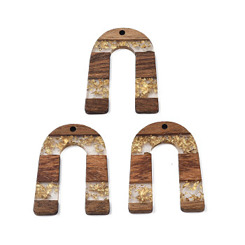 Transparent Resin & Waxed Walnut Wood Pendants, with Foil, Arch, Gold, 36.5x28x3mm, Hole: 2mm
