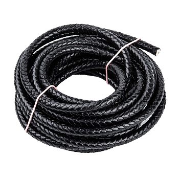 Braided Leather Cord, Leather Jewelry Cord, Jewelry DIY Making Material, Dyed, Round, Black, 8mm, about 5.46 yards(5m)/roll