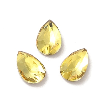 Glass Rhinestone Cabochons, Point Back & Back Plated, Faceted, Teardrop, Citrine, 10x6.4x3mm