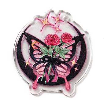 Acrylic Pendant, Buttfly with Flower Charm, Black, 36.5x32.5x2mm, Hole: 1.8mm