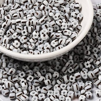 6/0 Opaque Colours Seep Glass Seed Beads, Round Hole, Round with Stripe Pattern, Gray, 3~4.5x3~4.5mm, Hole: 1.2~1.5mm