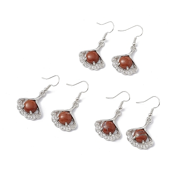 Natural Red Jasper Ginkgo Leaf Dangle Earrings with Crystal Rhinestone, Platinum Brass Jewelry for Women, 40mm, Pin: 0.6mm