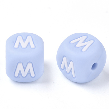 Food Grade Eco-Friendly Silicone Beads, Horizontal Hole, Chewing Beads For Teethers, DIY Nursing Necklaces Making, Letter Style, Cube, Light Sky Blue, Letter.M, 10x10x10mm, Hole: 2mm