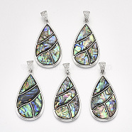 Abalone Shell/Paua Shell Big Pendants, with Alloy Findings and Resin Bottom, Teardrop, Platinum, Colorful, 54x29.5x4mm, Hole: 10x5mm(SHEL-S275-41A)