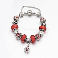 Crown Alloy Rhinestone Enamel European Beaded Bracelets, with Resin European Beads, Brass Chains and Alloy Clasps, Red, 180mm(BJEW-I182-02B)