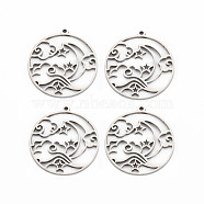201 Stainless Steel Pendants, Ring with Star & Moon, Stainless Steel Color, 30x28x1.5mm, Hole: 1.5mm(STAS-S119-156P)
