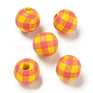 Printed Wood European Beads, Round with Tartan Pattern, Gold, 15.5~16mm, Hole: 4~4.5mm(WOOD-G022-13C)