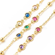 Cubic Zirconia Flat Round Link Chain, with Brass Cable Chains, Long-Lasting Plated, Soldered, with Spool, Colorful, 10x5x2mm(CHC-E024-09G)