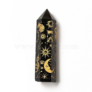 Point Tower Natural Obsidian Home Display Decorations, Hexagon Prism with Moon Sun Snake Pattern, Gold, 20~22x23~25x80~90mm(DJEW-C002-01B)