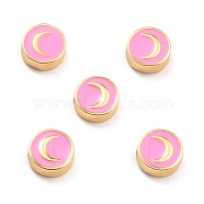 Brass Enamel Beads, Real 18K Gold Plated, Long-Lasting Plated, Cadmium Free & Lead Free, Flat Round with Moon Pattern, Hot Pink, 10x3.5mm, Hole: 1.6mm(KK-D068-01G-03-RS)