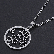 Non-Tarnish 201 Stainless Steel Pendants Necklaces, with Cable Chains and Lobster Claw Clasps, Flat Round with Clover, Stainless Steel Color, 17.71 inch(45cm), 1.5mm(NJEW-S105-JN726-45-1)