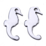 201 Stainless Steel Enamel Charms, Sea Horse, Stainless Steel Color, White, 15x7x1mm, Hole: 1.2mm(STAS-N088-17L)