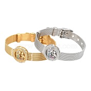 Unisex 304 Stainless Steel Watch Band Wristband Bracelets, with Brass Micro Pave Cubic Zirconia Slider Charms, Flat Round with Mother and Baby, Mixed Color, 8-5/8 inch(21.8cm), 10mm(BJEW-L655-026)