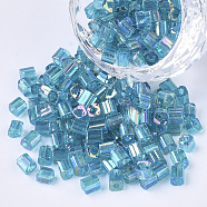 6/0 Glass Seed Beads, Transparent Colours Rainbow, Square Hole, Cube, Sky Blue, 6/0, 3~5x3~4x3~4mm, Hole: 1.2~1.4mm, about 4500pcs/bag(SEED-S027-06B-14)