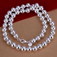 Popular Silver Color Plated Brass Round Ball Beaded Necklaces, with Lobster Claw Clasps, 18 inch, 10mm(NJEW-BB12698-10)