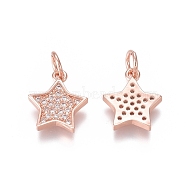 Brass Micro Pave Clear Cubic Zirconia Charms, with Jump Rings, Star, Rose Gold, 12x10x2mm, Jump Ring: 5x0.7mm, Inner Diameter: 3.6mm(ZIRC-I036-03RG)