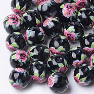 Printed & Spray Painted Glass Beads, Round with Flower Pattern, Black, 8~8.5x7.5mm, Hole: 1.4mm(GLAA-S047-03A-09)