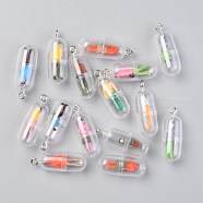 Plastic Mini Capsule Pendants, with Litter Doll & Platinum Tone Iron Findings, Mixed Color, 28x11mm, Hole: 2mm(KY-B001-01)