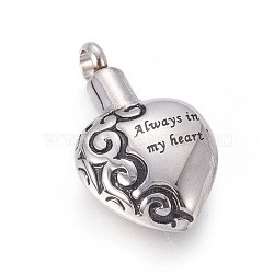 Retro 304 Stainless Steel Pendants, Perfume Bottle, Heart with Word Always in My Heart, Antique Silver, 31.5x18x8.5mm, Hole: 4mm(STAS-L237-12AS)