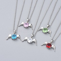 Brass Cubic Zirconia Pendant Necklaces, with 304 Stainless Steel Cable Chains and Lobster Claw Clasps, Angel Wings, Stainless Steel Color, Mixed Color, 15.7 inch(40cm), 1.5mm(NJEW-JN02533-M)