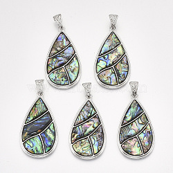 Abalone Shell/Paua Shell Big Pendants, with Alloy Findings and Resin Bottom, Teardrop, Platinum, Colorful, 54x29.5x4mm, Hole: 10x5mm(SHEL-S275-41A)