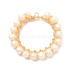 Natural Cultured Freshwater Pearl Pendants, with Real 18K Gold Plated Brass Findings, Round with Ring, Floral White, 33x35x4mm, Hole: 1.8mm(PALLOY-JF01045)
