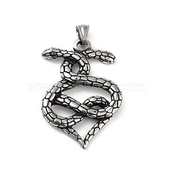 Retro 304 Stainless Steel Big Pendants, Snake Charm, Antique Silver, 52.5x34.5x5.5mm, Hole: 5x6mm(STAS-I205-24AS-01)