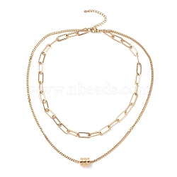 Vacuum Plating 304 Stainless Steel Double Chains Multi Layered Necklace with Column Beaded for Women, Golden, 16.34 inch(41.5cm)(STAS-E155-11G)