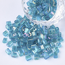 6/0 Glass Seed Beads, Transparent Colours Rainbow, Square Hole, Cube, Sky Blue, 6/0, 3~5x3~4x3~4mm, Hole: 1.2~1.4mm, about 4500pcs/bag(SEED-S027-06B-14)