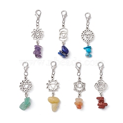 7Pcs Chakra Alloy Pendant Decoraton, with 7 Colors Yoga Chakra Natural Green Aventurine & Red Aventurine & Lapis Lazuli & Red Jasper & Synthetic Turquoise & Amethyst & Topaz Jade Chips Beads, 53mm(HJEW-JM02157)