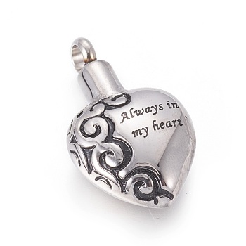 Retro 304 Stainless Steel Pendants, Perfume Bottle, Heart with Word Always in My Heart, Antique Silver, 31.5x18x8.5mm, Hole: 4mm