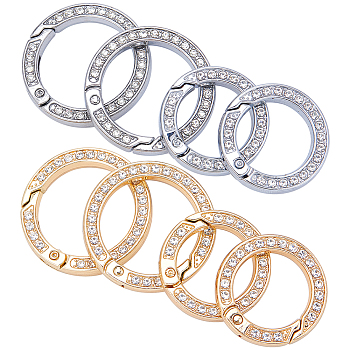 8Pcs 4 Styles Alloy Crystal Rhinestone Spring Gate Rings, Ring Shape, Platinum & Light Gold, 28.5~34x5mm, Inner Diameter: 19~24.5mm, 2pcs/style
