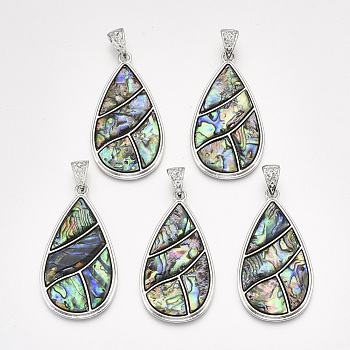 Abalone Shell/Paua Shell Big Pendants, with Alloy Findings and Resin Bottom, Teardrop, Platinum, Colorful, 54x29.5x4mm, Hole: 10x5mm
