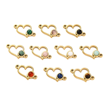 Ion Plating(IP) 304 Stainless Steel Pave Natural Mixed Stone Heart Connector Charms, Real 18K Gold Plated, Mixed Dyed and Undyed, 11.5x18x4mm, Hole: 1.4mm