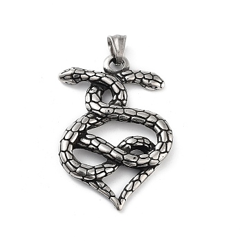 Retro 304 Stainless Steel Big Pendants, Snake Charm, Antique Silver, 52.5x34.5x5.5mm, Hole: 5x6mm