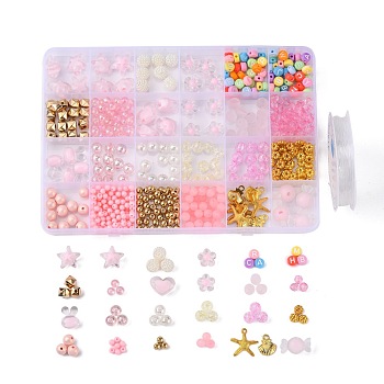 DIY Cute Beaded Bracelet Making Kit, Including Rabbit & Flower & Heart & Star & Letter Acrylic & CCB Plastic Beads, Starfish & Shell Alloy Pendants, Pink, Pendant & Beads: 641Pcs/set