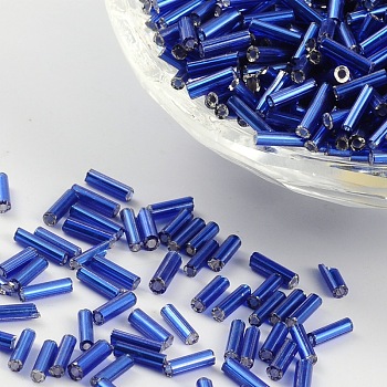 Glass Bugle Beads, Silver Lined, Medium Blue, 6~8x1.8mm, Hole: 0.6mm, 1250pcs/50g